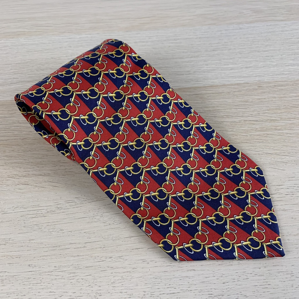 Paolo Gucci Red Blue Chain Horsebit Men's 100% Silk Tie Print Quiet Luxury Italy